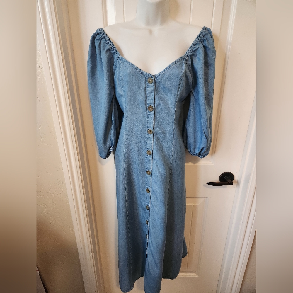 Zara Chambray Off Shoulder Midi Dress Bell Sleeves |Size XS | Bloggers Favorite - Picture 5 of 12